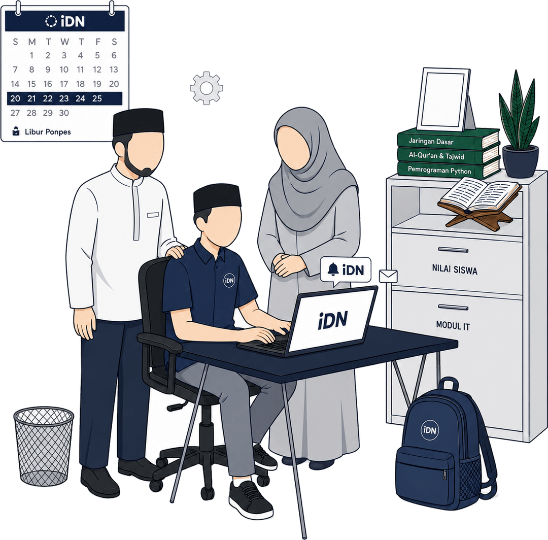 Ilustrasi orang tua dan santri memantau progres belajar